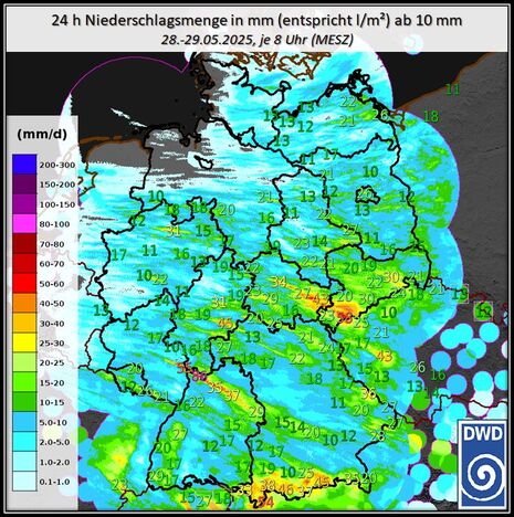 24 stündige Niederschlagsmenge vom 28. bis 29.05.2025, 8 Uhr MESZ, ab 10 mm. (Quelle Deutscher Wetterdienst)