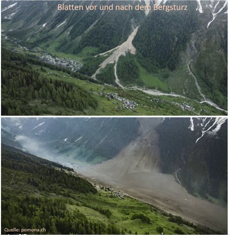 Das obere Foto zeigt den ursprünglichen Ort Blatten, das untere Foto den Ort, begraben unter einer großen Gerölllawine. (Quelle www.pomona.ch)