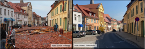 Das Bild zeigt die von Dachziegeln der Stiftskirche übersäte Straße in Bützow 2015 kurz nach dem Ereignis (links) und ein weiteres Bild aus diesem Jahr 2025 im Vergleich. (Quelle Deutscher Wetterdienst)
