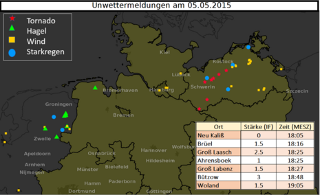 Die Grafik zeigt alle Unwettermeldungen in der europäischen Unwetterdatenbank (eswd.eu) in Norddeutschland. Zu sehen sind auch die sieben Tornados. Zudem wurden alle Tornados am 5. Mai aufgelistet. (Quelle Deutscher Wetterdienst)