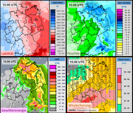 Die Grafik zeigt anhand von Radarbildern, wie die Superzelle in die Gewitterlinie (Kaltfront) eingebaut wurde. Im das sich daraus entwickelnde Bogenecho wurde nochmal Orkanböen in Laage gemessen. (Quelle Deutscher Wetterdienst)