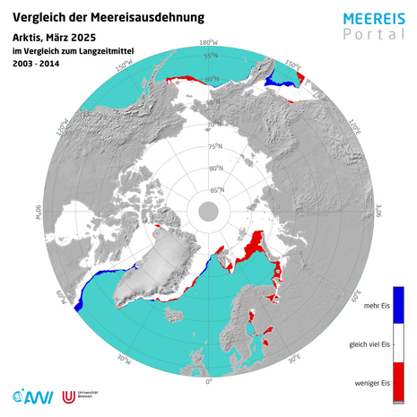 Abb 1: Differenz der mittleren Eiskantenposition im März 2025 im Vergleich zum Langzeitmittel der Jahre 2003 bis 2014. Rot: Meeresgebiete mit weniger Meereis; Blau: Meeresgebiete mit mehr arktischem Meereis (Quelle Meereisportal.de)