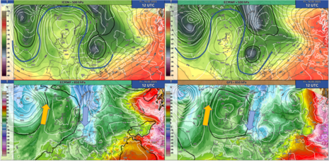 Diese Grafik zeigt den Vergleich der Modellvorhersagen zur Großwetterlage für Freitag, den 16.05.2025 um 12 UTC. (Quelle Deutscher Wetterdienst)