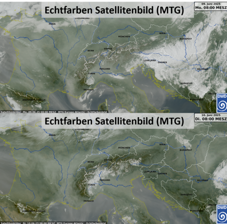 Gezeigt ist der Alpenraum und die umliegenden Regionen, verbreitet ist eine gräuliche Rauchschicht sichtbar. (Quelle Deutscher Wetterdienst)