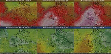 Höchst- und Tiefsttemperaturen von Mittwoch, 11.06.2025 bis Freitag (Quelle DWD - Deutscher Wetterdienst)