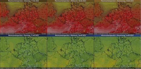 Höchst- und Tiefsttemperaturen von Dienstag, 17.06.2025 bis Donnerstag 19.06.2025 (Quelle DWD - Deutscher Wetterdienst)