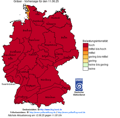 Höchst- und Tiefsttemperaturen von Samstag, 14.06.2025 bis Montag (Quelle DWD - Deutscher Wetterdienst)