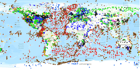 Abb 1: Eine Übersicht über die Herkunftsorte und natürliche Archive aus denen verschiedener Proxy-Datensätze stammen (z.B. Baumringe = grüne Dreiecke) (Quelle www.ncei.noaa.gov/maps/paleo(Paläoklimatologische Datenbank der NOAA))