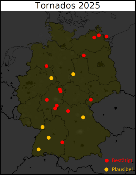Das Bild zeigt alle im Jahr 2025 bisher bestätigten Tornadofälle sowie die plausiblen Fälle in Deutschland.