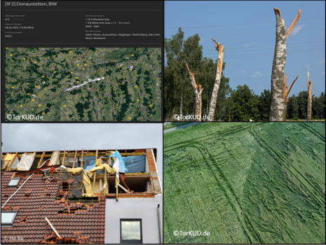 Im Bild sind die Schadensspur (oben links) sowie einige Schadensbilder des starken Tornados in Messtetten bei Ulm zu sehen. (Quelle torkud.de)