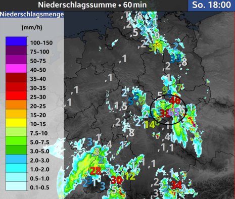 Diese Grafik zeigt das Radarbild, sowie die einstündige Niederschlagssumme bis Sonntag 18 UTC. (Quelle DWD)