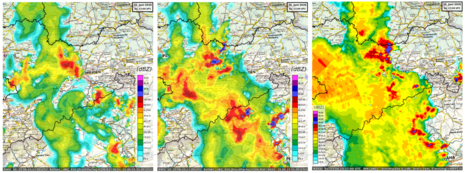 Die 2-Stunden-Vorhersage der simulierten Radarreflektivität von ICON-D2 (links) und ICON-RUC (Mitte) sowie die gemessene Radarreflektivität (rechts) zeigen die Gewitter in Mittelsachsen bei Dresden am Sonntagabend (15.06.2025).