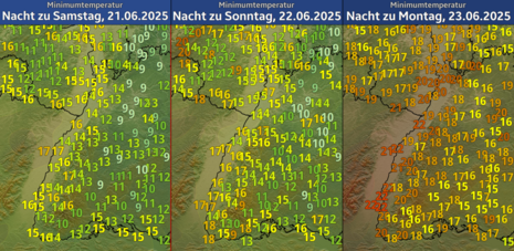 Diese Grafik zeigt die Vorhersage der Tiefsttemperatur im Südwesten für das kommende Wochenende. (Quelle DWD)