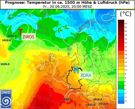 Luftdruck am Boden (weiße Linien) und Temperatur in rund 1500 m Höhe (Farbfläche) für Freitag, 20.06.2025, 20 Uhr (ICON-Prognose). Quelle: DWD