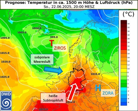 Luftdruck am Boden (weiße Linien) und Temperatur in rund 1500 m Höhe (Farbfläche) für Sonntag, 22.06.2025, 20 Uhr (ICON-Prognose). Quelle: DWD
