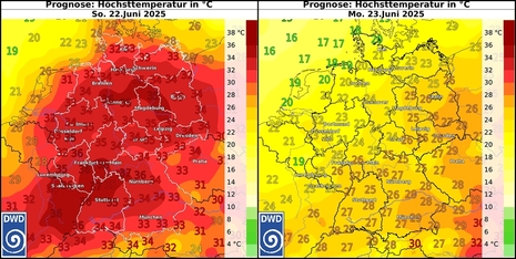 Höchsttemperatur für Sonntag, 22.06.2025 (links) und Montag, 23.06.2025 (rechts) (MOSMIX-Prognose). Quelle: DWD