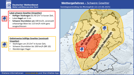 Deutschlandkarte mit eingefärbten Regionen. Ocker für markante Gewitter: alles außer Südostdeutschland. Rot für teils schwere Gewitter: Südwestdeutschland (Quelle DWD)