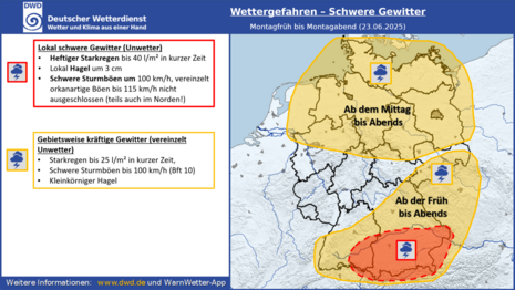 Deutschlandkarte mit eingefärbten Regionen. Ocker für markante Gewitter: Norden und Süden. Rot für teils schwere Gewitter: Südostdeutschland (Quelle DWD)