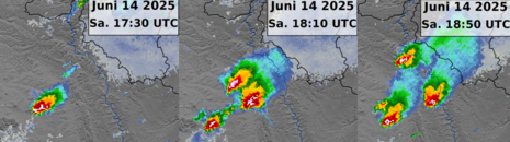 Beispiel für einen (doppelten) Storm Split im Radarbild östlich Reims im Nordosten Frankreichs am 14.06.2025 (Quelle DWD)
