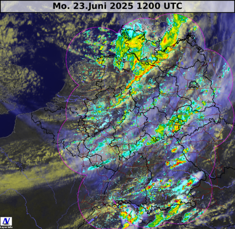Darstellung Radar und Satellitendaten, Überblick über Deutschland vom 23.06.2025, 12 UTC (14 MESZ) (Quelle DWD)