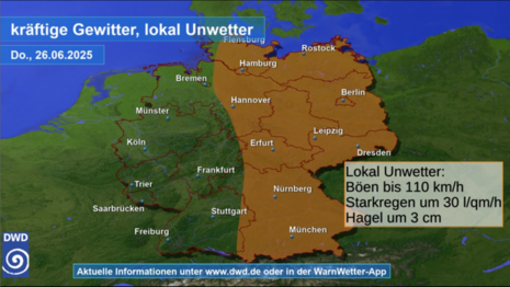 Deutschlandkarte mit der Region mit dem größten Potenzial für lokale Unwetter am Donnerstag, 26.06.2025 (Quelle Deutscher Wetterdienst)
