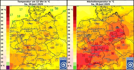 Gemessene Temperatur um 12 Uhr (links) und Höchsttemperatur (rechts) am Samstag, 28.Juni 2025. (Quelle Deutscher Wetterdienst)