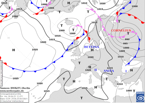 Dies Grafik zeigt die Analysekarte für Montag, den 30.06.2025 um 12 UTC. (Quelle Deutscher Wetterdienst)