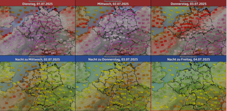 Die Grafik zeigt die Temperaturvorhersage von Dienstag bis Donnerstag. (Quelle Deutscher Wetterdienst)