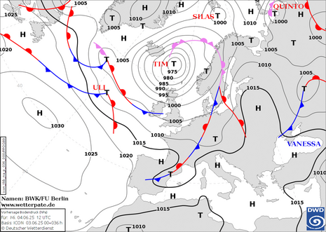 Abb 1: DWD-Vorhersagekarte für den Bodendruck und die Luftmassengrenzen für Mittwoch, den 04. Juni 2025 (Quelle DWD - Deutscher Wetterdienst)