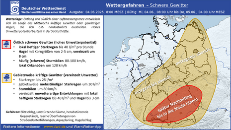Abb 2: Grafische und schriftliche Vorhersage der schweren Gewitter am Mittwoch (Quelle DWD - Deutscher Wetterdienst)