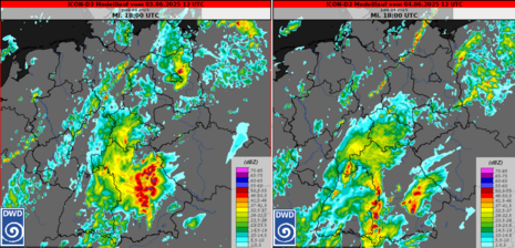 Abb 3: Vergleich des ICON-D2-Modelllaufs von Dienstagmittag und Mittagmittag zeigt, dass die Gewitterzellen im Vorlauf im Osten und Südosten deutlich stärker simuliert wurden (Quelle DWD - Deutscher Wetterdienst)