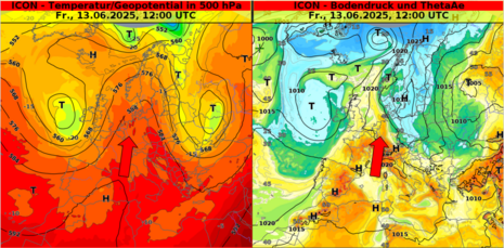 Diese Grafik zeigt die Großwetterlage für den 13.06.2025 um 12 UTC. Auf der Vorderseite eines Tiefdrucksystems strömt heiße und auch zunehmend feuchte Luft aus dem westlichen Mittelmeerraum in den Südwesten Deutschlands (Quelle DWD)