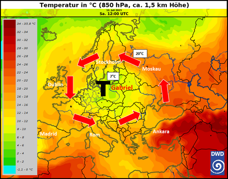Tief GABRIEL und die Temperaturverteilung sowie die angedeutete Strömung im Niveau 850 hPa (ca. 1,5 km Höhe)