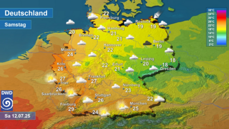 Wettervorhersage sowie Vorhersage der Tageshöchsttemperaturen in Deutschland am Samstag, den 12.07.2025