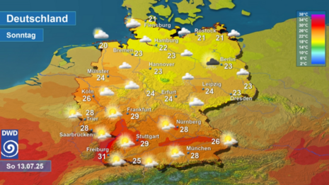 Wettervorhersage sowie Vorhersage der Tageshöchsttemperaturen in Deutschland am Sonntag, den 13.07.2025