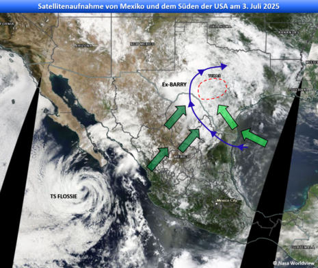 Abb. 1: Satellitenbild von Mexiko und dem Süden der USA am 3. Juli 2025 (Quelle Quelle: NASA Worldview)