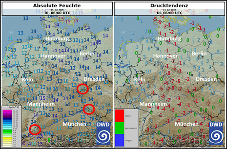 Absolute Feuchte (links, in g/m3) und Drucktendenz (rechts) am Dienstag, 15.07.2025, 06 UTC (08 MESZ)