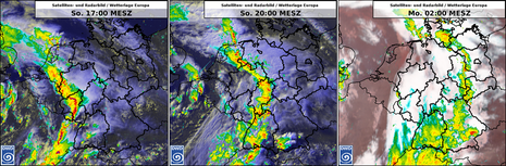 Radar- und Satellitenbilddarstellung Deutschland vom 20.07.2025 um 17 und 20 MESZ sowie vom 21.07.2025 02 MESZ (von links nach rechts)