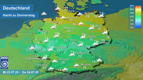 Wettervorhersage sowie Vorhersage der nächtlichen Tiefsttemperaturen in Deutschland in der Nacht zum Donnerstag, den 24.07.2025