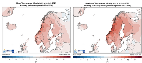 Abweichungen der Mittel- und Maximaltemperatur vom 15.07-24.07.2025. Hohe positive Abweichungen jeweils über Mittelnorwegen (Quelle DWD)