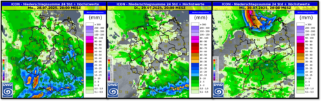 Prognostizierte 24-stündige Niederschlagssummen und Tageshöchstwerte des ICON-6 Modells für Montag, Dienstag und Mittwoch. Modellauf 27.07.2025 06 UTC (Quelle DWD)
