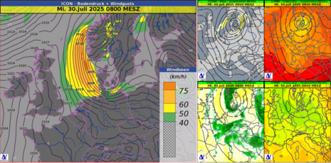 Synoptischer Überblick der Wettersituation am Mittwoch den 30. Juli 2025. Modellauf jeweils 27.07.2025 00 UTC. (Quelle DWD)