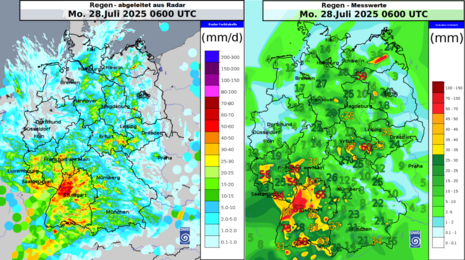 24-stündige Niederschlagsmengen bis Montag, 28.07.2025 8 Uhr, links: abgeleitet aus Radar, rechts: Messwerte (Quelle DWD)