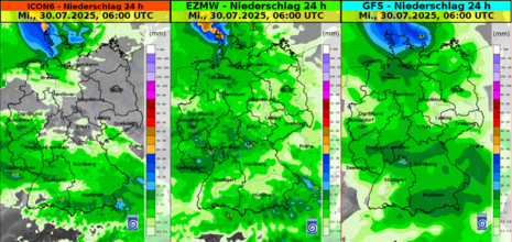 Modellvergleich Niederschlagsvorhersage 24-stündig bis Mittwoch, 30.08.2025 8 MESZ; links: ICON6, mittig: EZMW, rechts: GFS (Quelle DWD)