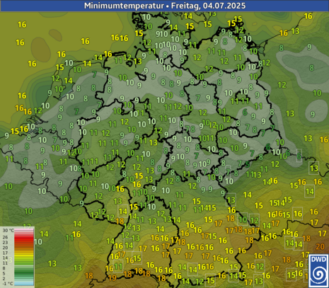 Deutschlandkarte mit den Tiefstwerten in der Nacht zum Freitag, den 04.07.2025