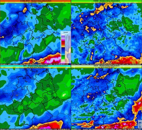 Deutschlandkarte mit den akkumulierten Niederschlagsmengen in l/qm auf Basis verschiedener Wettermodelle von Freitagmorgen (04.07.2025) bis Mittwochabend (09.07.2025)