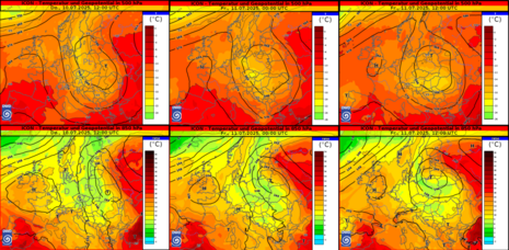 Karte Europa mit der Vorhersage des ICON-Modells für Temperatur und Geopotential in 500 hPa (oben) und 850 hPa (unten), links: Donnerstag, 10.07.2025 12 UTC, mittig: Freitag, 11.07.2025 00 UTC, rechts: Freitag, 11.07.2025 12 UTC (Quelle Deutscher Wettedie
