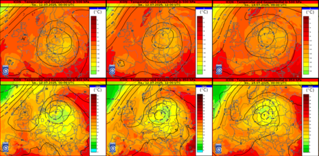 Karte Europa mit der Vorhersage des ICON-Modells für Temperatur und Geopotential in 500 hPa (oben) und 850 hPa (unten), links: Samstag, 12.07.2025 00 UTC, mittig: Samstag, 12.07.2025 12 UTC, rechts: Sonntag, 13.07.2025 00 UTC (Quelle Deutscher Wetterdiens