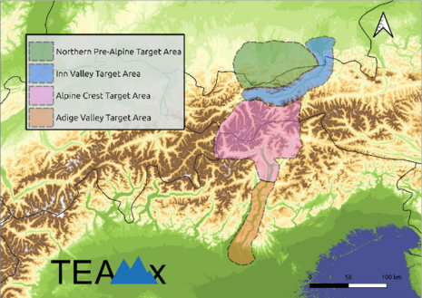 Untersuchungsgebiete der Messkampagne TOC (TEAMx Observational Campaign): Alpenvorland in Deutschland, Inntal (Österreich), Etschtal (Italien) und der Alpenkamm zwischen diesen beiden Gebieten. Quelle: https://www.teamx-programme.org/observational-campaig