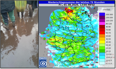 Niederschlagssumme der letzten drei Tage anhand von Radarbildauswertungen (Fläche) und aufsummierten Stundenwerten der Bodenmessstationen (Werte).